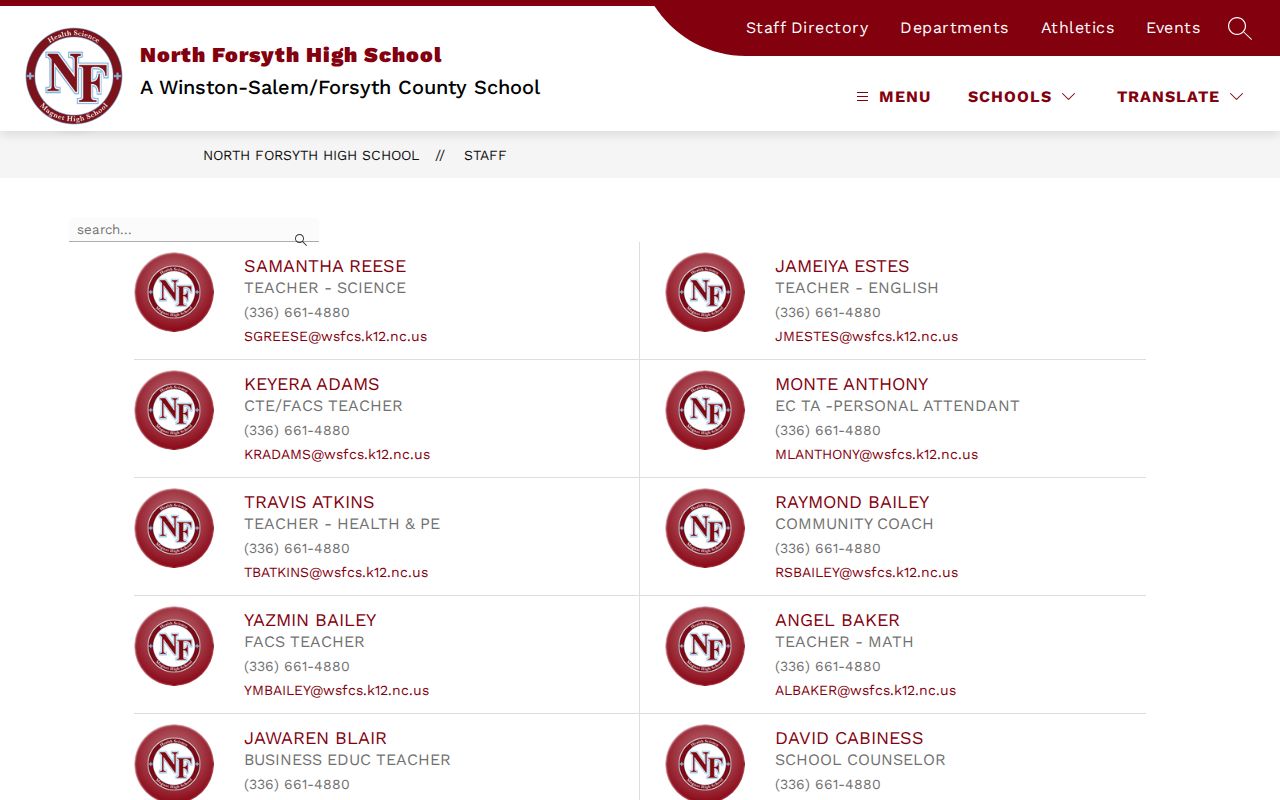Forsyth County people directories school staff name filter